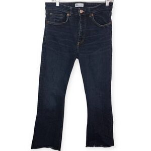 Zara Women's High Waist Straight Leg Jeans Raw Hem Dark Blue Wash size 10 US